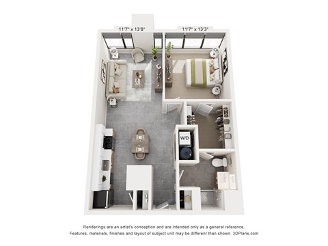 Floor plan for 1 bed, 1 bath, 839 sqft